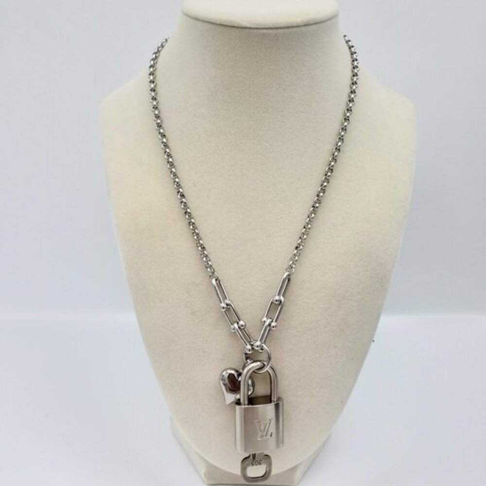 Stainless Steel Silver-Plated Necklace with Authentic Louis Vuitton Padlock - Picture 7 of 12